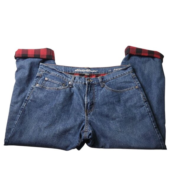 Eddie Bauer Jeans Mens 34x30 Flannel Lined Red Buffalo Plaid Straight Leg - Picture 3 of 8
